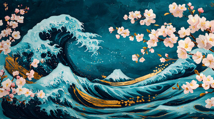 A vibrant artwork featuring crashing waves, majestic mountains, and delicate cherry blossoms against a deep blue background.