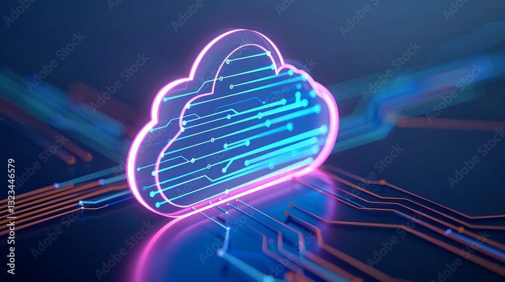 Poster futuristic technology concept of neon cloud with circuit patterns representing digital data storage 