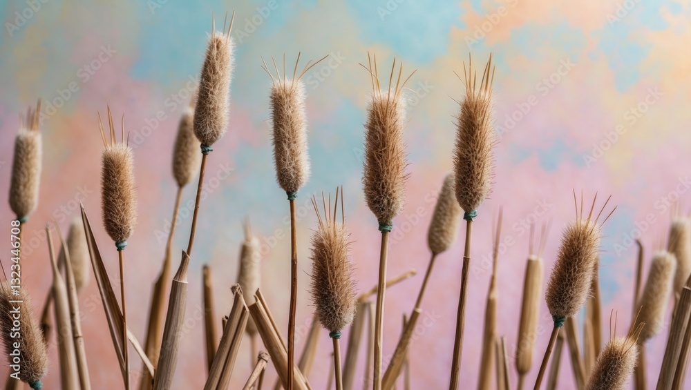 Aufkleber dried cattails standing tall against a pastel blue and pink backdrop with soft textured hues creatin