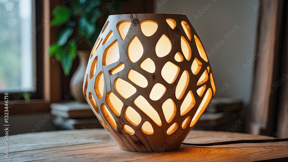 Poster organic shaped wooden lamp with intricate cutouts casting warm light, situated on a rustic table nea