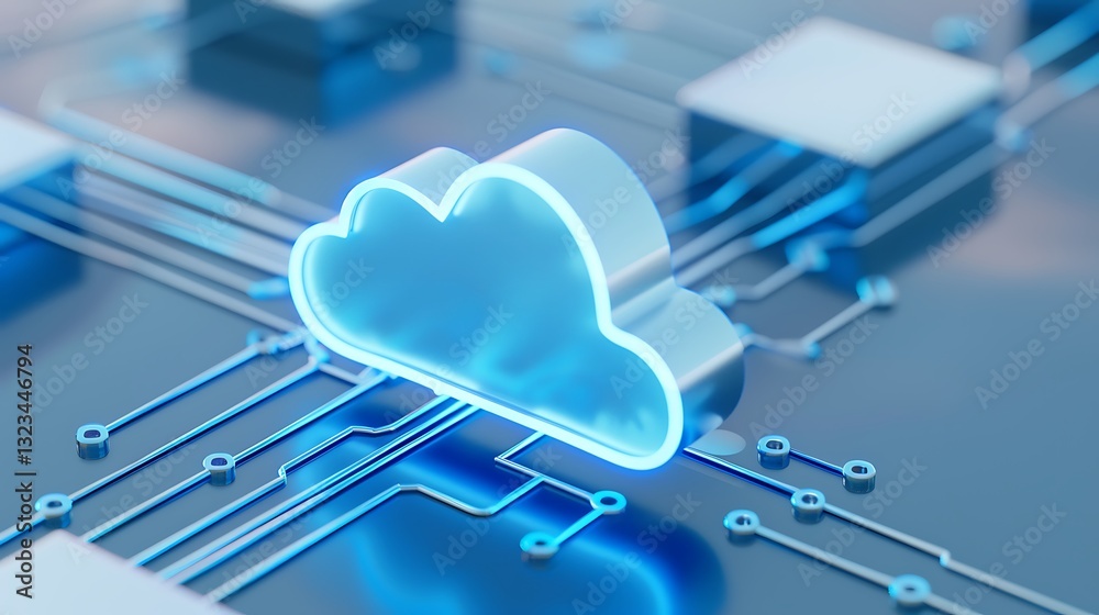 Poster glowing cloud symbol on circuit board background representing digital networking and data storage so