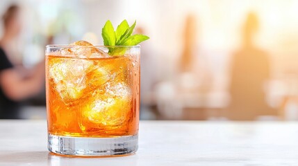 A refreshing cocktail with ice and mint, placed on a countertop, evoking a warm, inviting atmosphere.