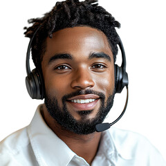 Portrait of a smiling African American male call center operator wearing a headset, isolated on transparent background