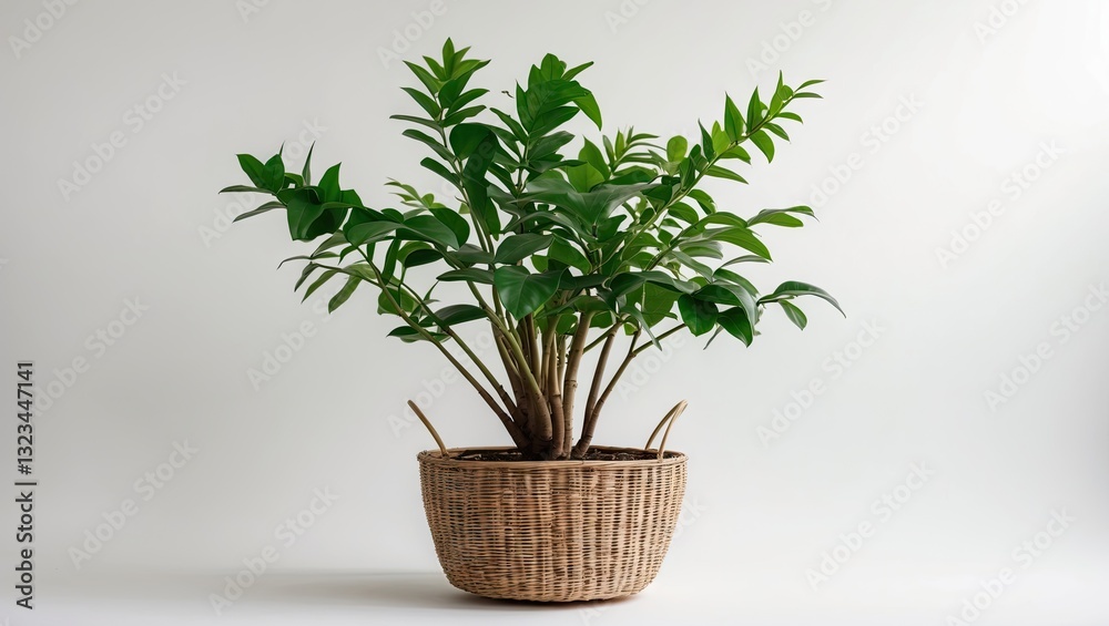 Aufkleber ficus elastica in a woven basket with lush green leaves centered against a soft white background sho