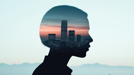 Silhouette of a Person with Cityscape Reflection at Sunset
