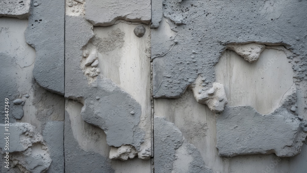 Fototapete Abstract gray-white textured wall featuring rough stucco and uneven cement patches in varying shades, creating a layered and weathered appearance.