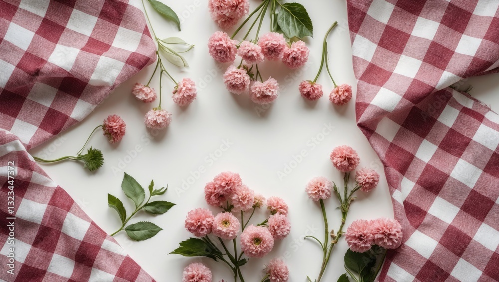 Poster Red and white gingham fabric arranged with pink flowers and green leaves on a white background creating a romantic and inviting composition.