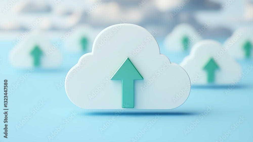 Poster minimalist cloud storage concept with green up arrow symbolizing data upload and digital transformat