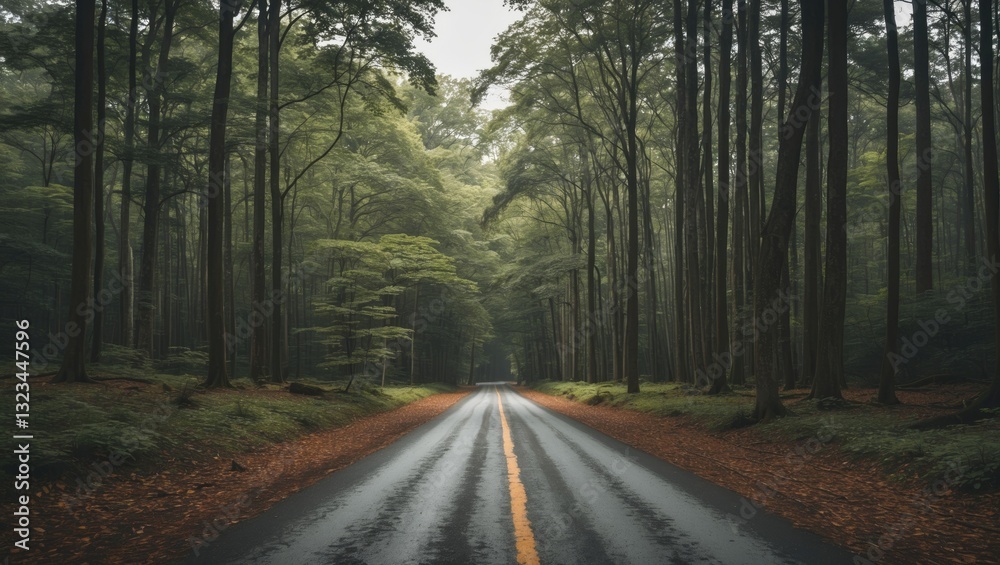 Leinwandbilder serene forest road lined with tall green trees and fallen leaves on a misty day, featuring a central