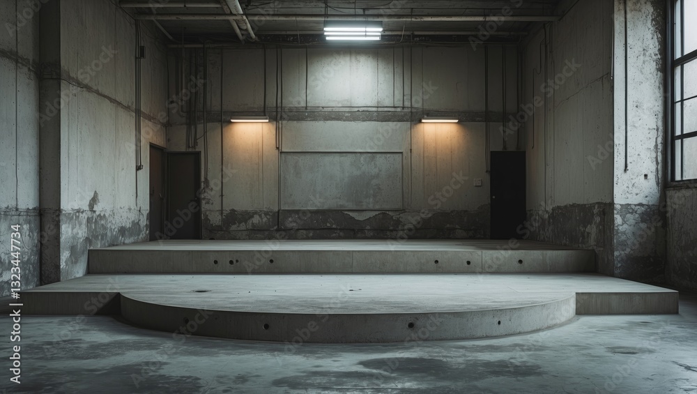 Aufkleber grunge-style interior scene featuring a circular concrete podium centered in a dimly lit space with 
