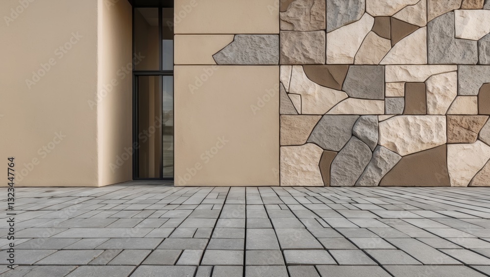 Aufkleber contemporary building facade featuring a beige plaster wall with abstract stone patterns and a textu