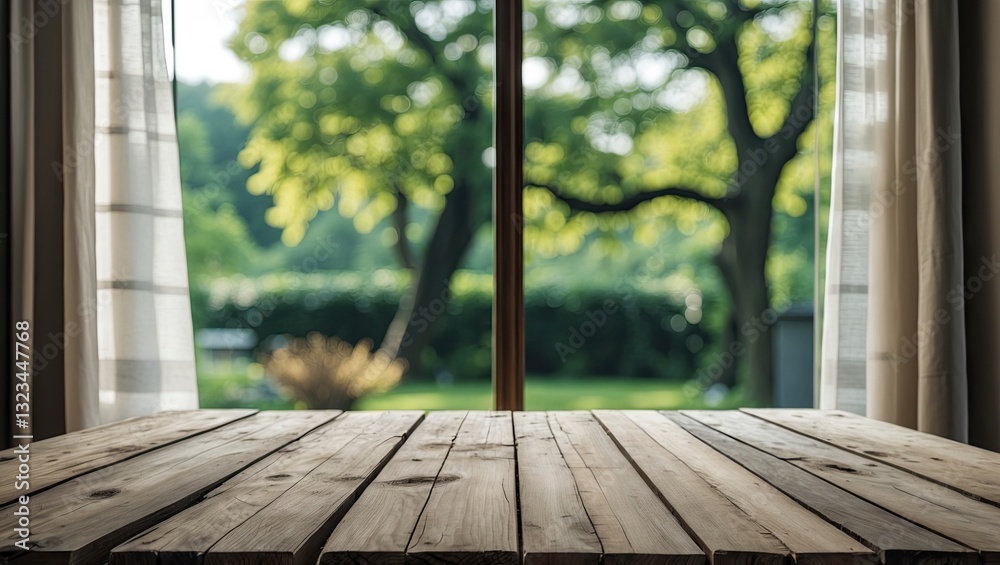 Poster serene indoor view through a large window with sheer curtains showcasing a lush green garden and woo