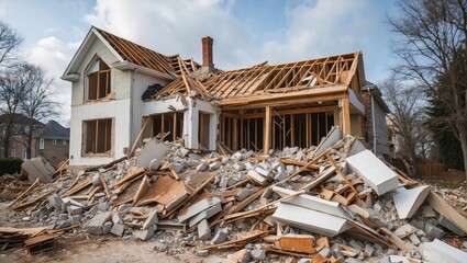 Demolished house with debris scattered in foreground showcasing broken concrete and wooden structures against a cloudy sky background.