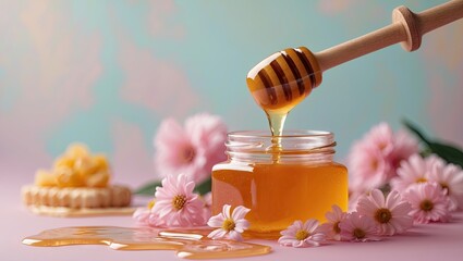 Honey dripping from a wooden dipper into a glass jar surrounded by pastel pink flowers and honeycomb on a soft pastel background.