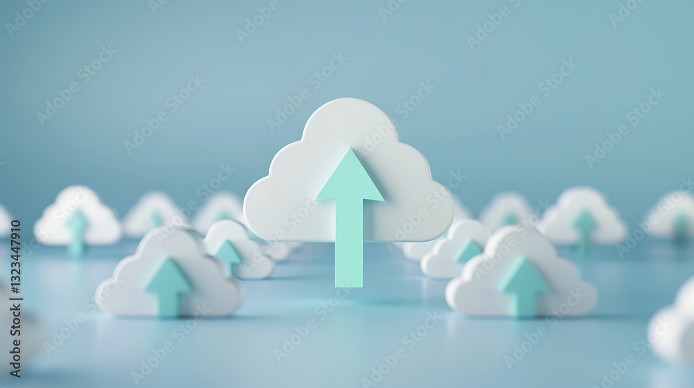 Poster modern cloud computing concept with arrows indicating data upload in a minimalist style