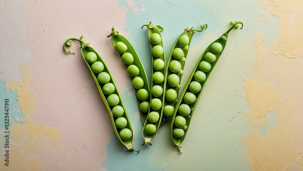 Poster Fresh green peas in open pods arranged diagonally on a soft pastel textured background featuring shades of blue and yellow.