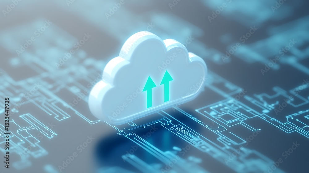 Poster modern cloud computing concept with arrows indicating data upload on a futuristic digital background