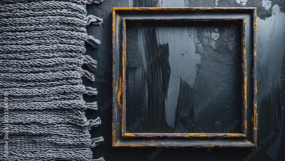 Aufkleber rustic wooden frame positioned centrally on a dark textured background, surrounded by a soft gray wo