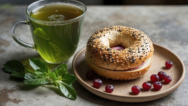 Green tea in a clear cup beside a toasted sesame bagel on a brown dish garnished with fresh currants and mint leaves on a rustic surface.
