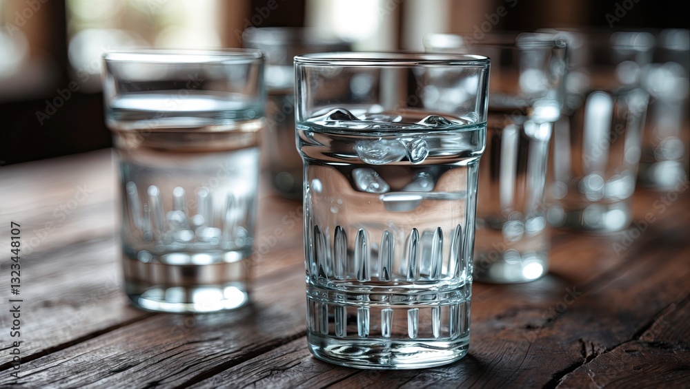 Poster close-up of crystal clear glasses filled with water on a rustic wooden table with a shallow depth of