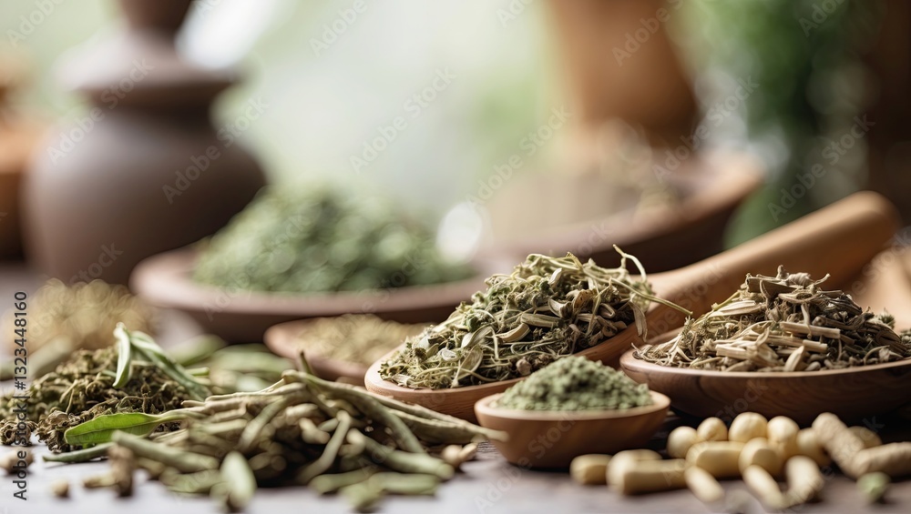 Aufkleber assorted dried herbal ingredients in wooden spoons on a rustic table with blurred background, earthy