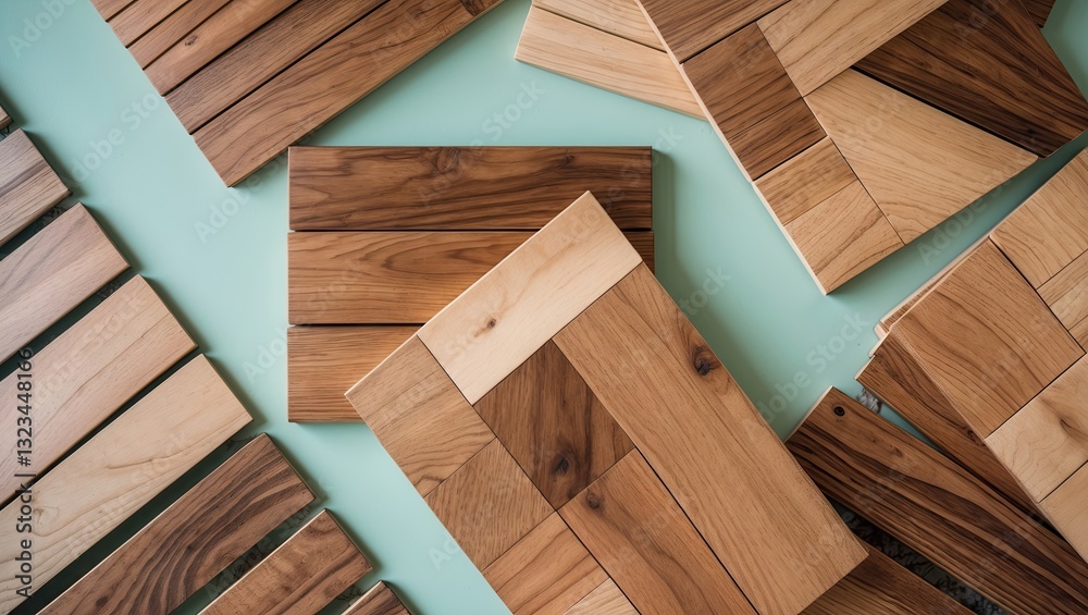Aufkleber wood tiles and parquet samples arranged on a soft pastel green background showcasing natural texture