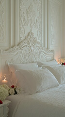Elegant White Bedroom With Intricate Details and Romantic Ambiance Featuring Candles and Fresh Flowers