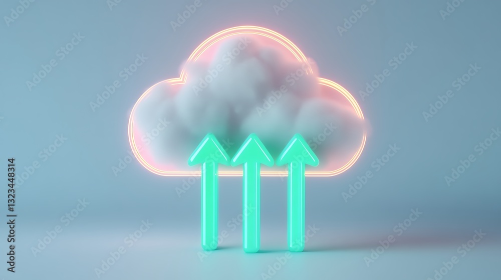 Poster modern cloud computing concept with neon arrows representing data transfer and uploads in digital en