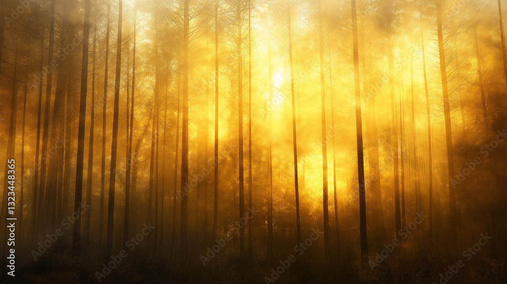 Poster a mystical redwood forest with golden light filtering through the trees.