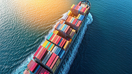 Vibrant container ship navigating the open sea, transporting global goods with dynamic wave patterns