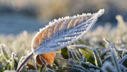 Close-up of a frosted leaf in the morning