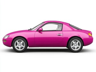 Side profile of a vibrant pink sports coupe against a stark white background. The car is sleek and modern, showcasing its design details.