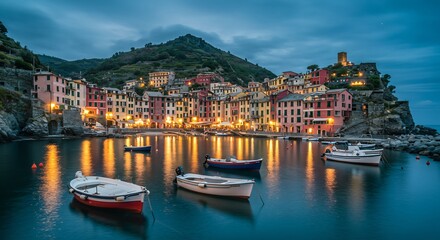 Serene coastal village glows softly under twilight sky calm water reflects colorful buildings. AI Generated