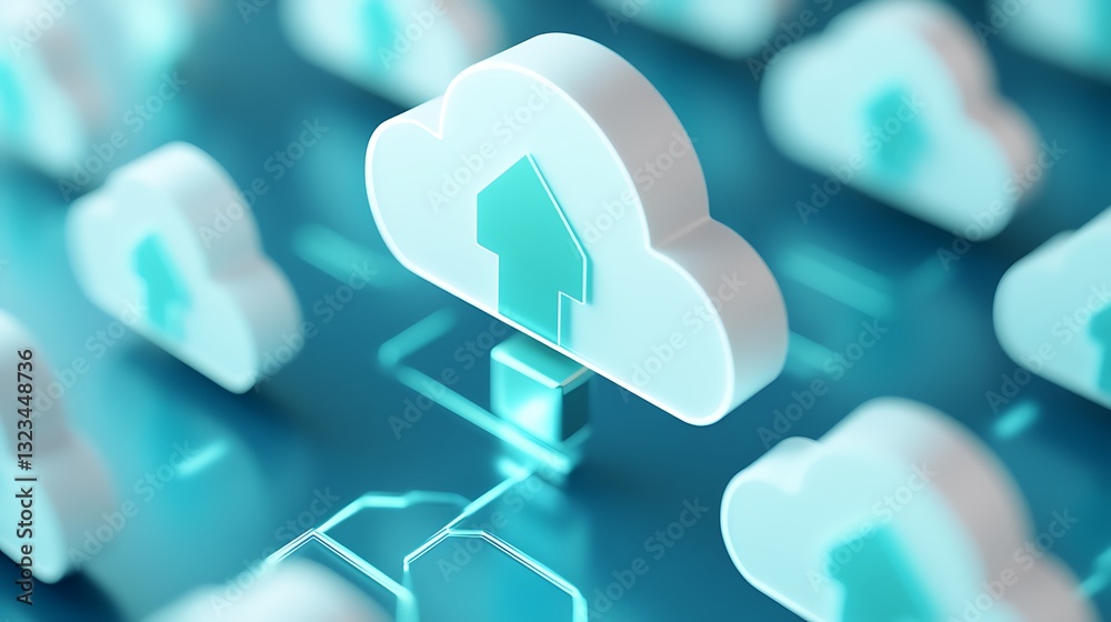 Poster modern cloud computing concept with upload symbol and digital technology background in soft blue ton