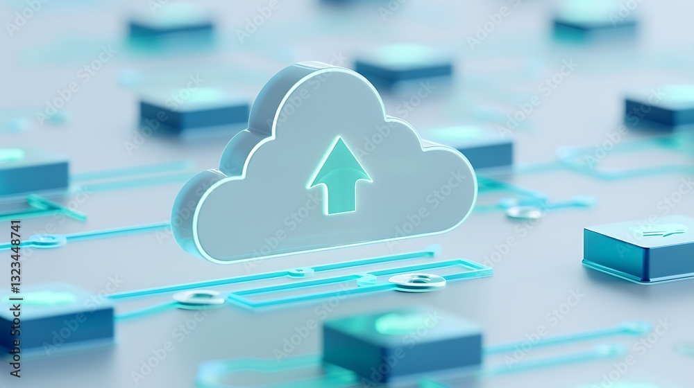 Poster modern cloud computing concept with upload symbol and digital connections in a technology background