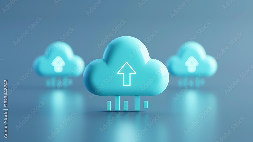Poster modern cloud computing concept with upload symbols and data bar illustrations in soft blue tones