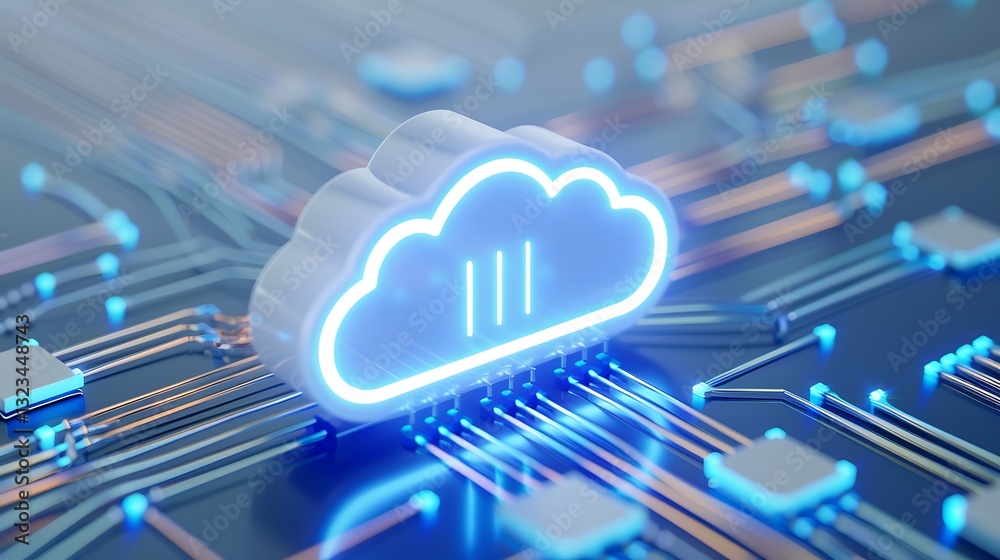 Poster modern cloud computing concept with neon glow on circuit board background for technology and network