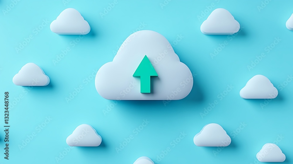 Poster modern cloud computing concept with upload symbol against blue background and soft white clouds