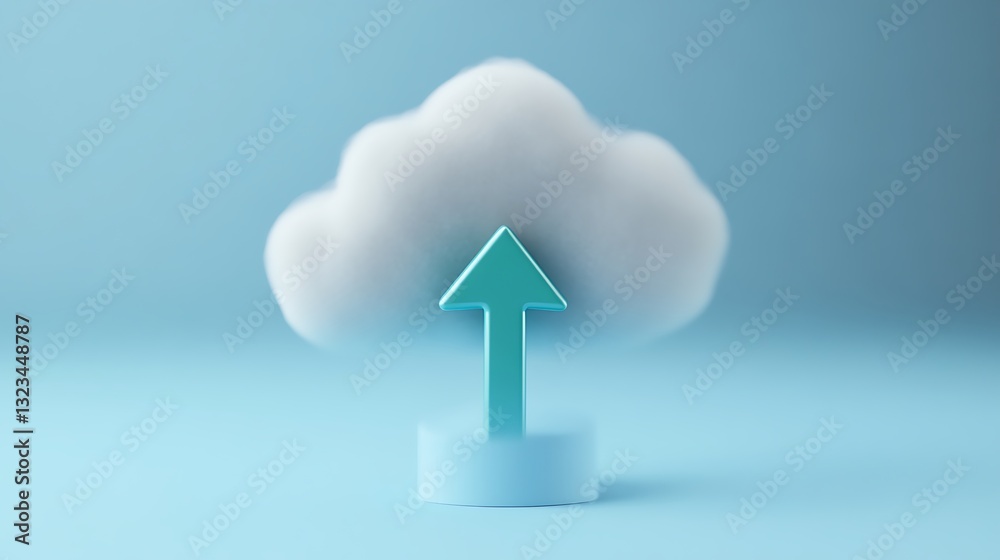 Poster modern cloud computing icon with upward arrow symbolizing data upload on soft blue background