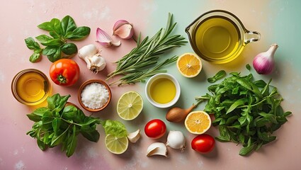 Fresh cooking ingredients arranged artfully on a pastel background featuring olive oil, green leaves, tomatoes, garlic, and citrus fruits.