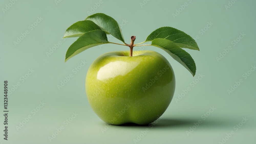 Poster fresh green apple with two vibrant leaves positioned atop, centered on a soft pastel green backgroun
