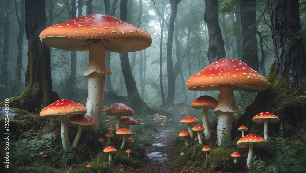 Poster misty woodland scene featuring large red and white mushrooms surrounded by lush green foliage and so