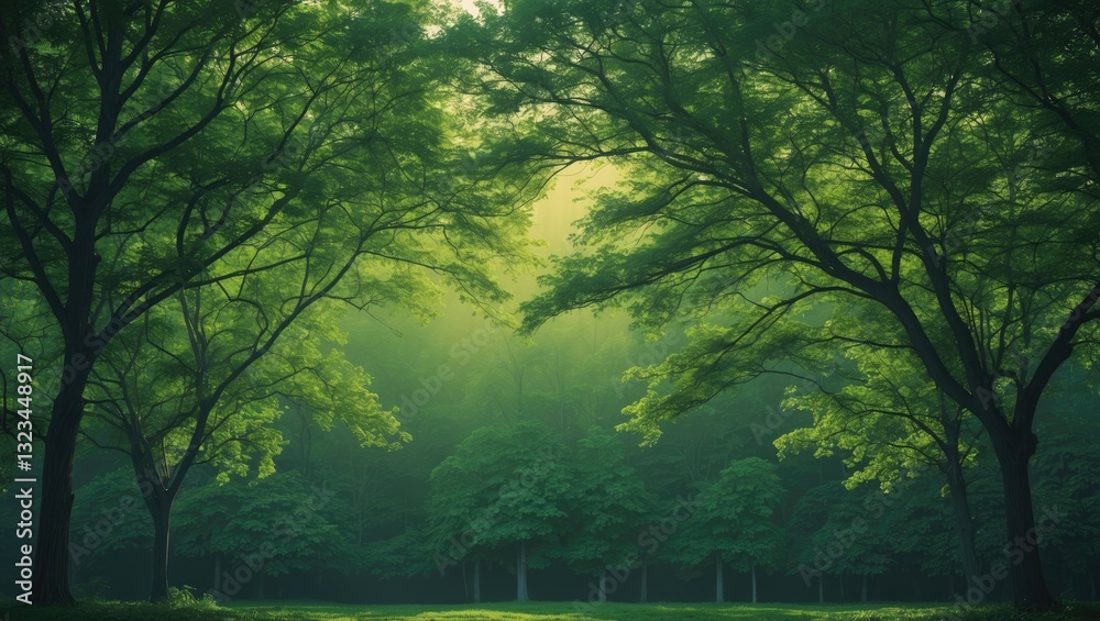 Fototapete lush green forest scene with vibrant leafy trees framing a tranquil hazy background creating a seren