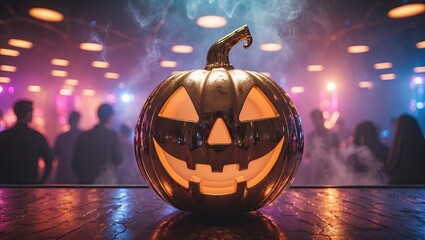 Halloween pumpkin with glowing face positioned in foreground, nightclub background with blurred multi-color lights and smoke, ample copyspace available.