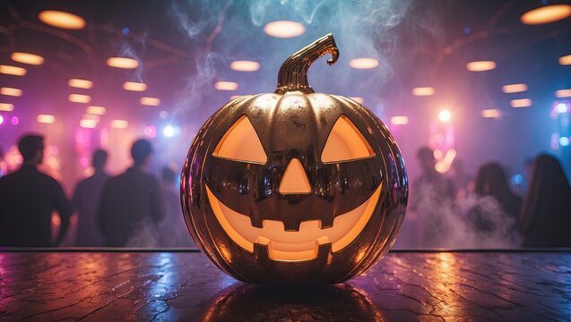 Halloween pumpkin with glowing face positioned in foreground, nightclub background with blurred multi-color lights and smoke, ample copyspace available.