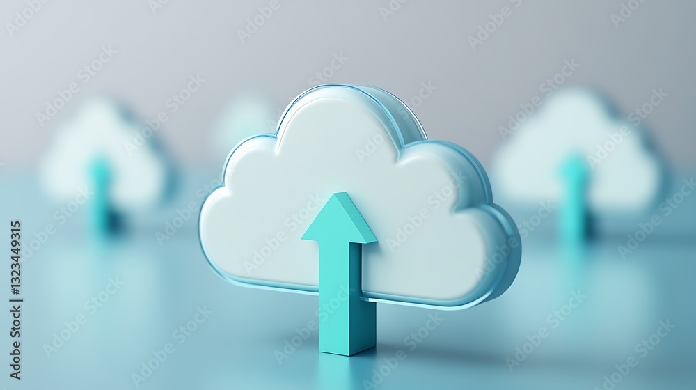 Poster modern cloud storage concept with arrow symbolizing data uploading on soft background