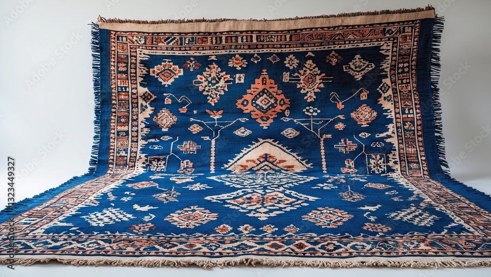 Poster handmade indigo woven rug with intricate patterns in blue and earthy tones displayed against a light