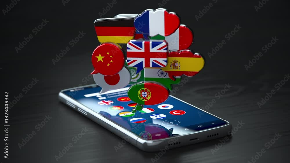 Poster dictionary, translating and learning languages mobile app. speech bubbles and smartphone.