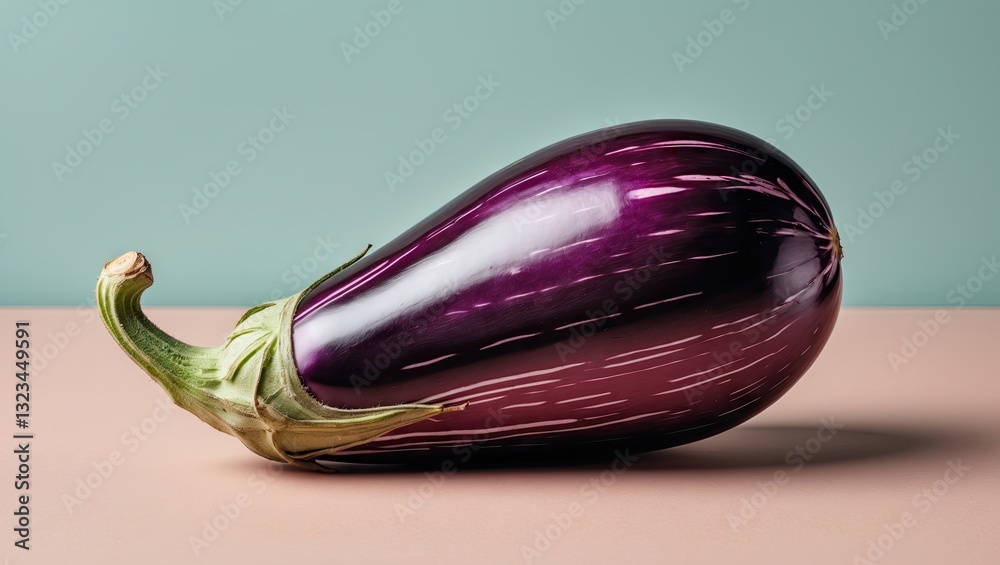 Poster eggplant resting on a light pink surface with a soft pastel green background highlighting its glossy
