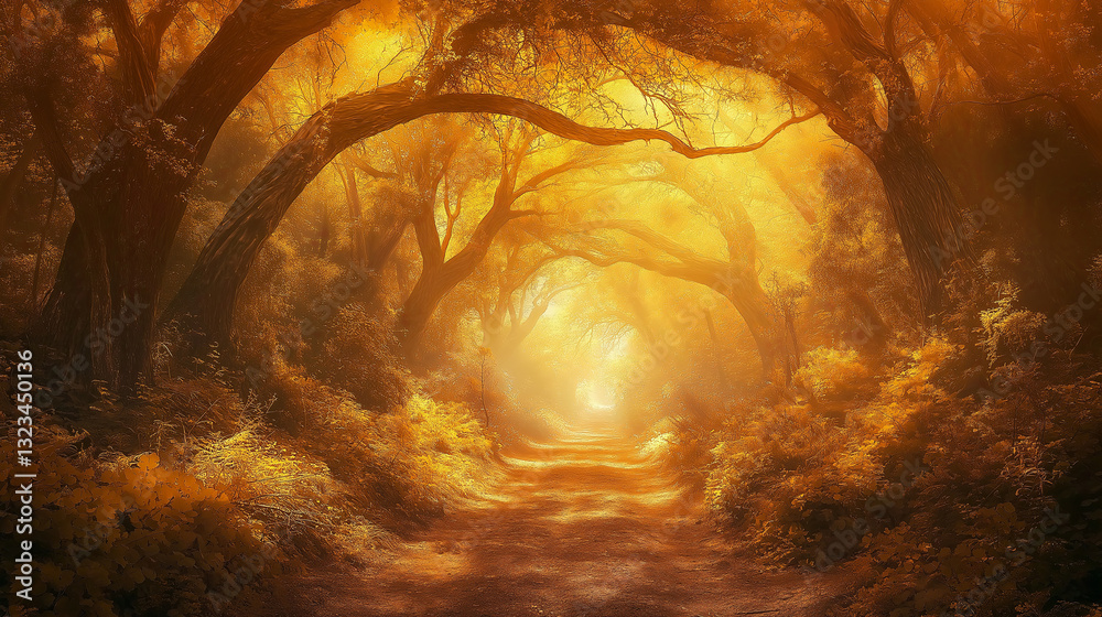 Poster a mystical redwood forest with golden light filtering through the trees.